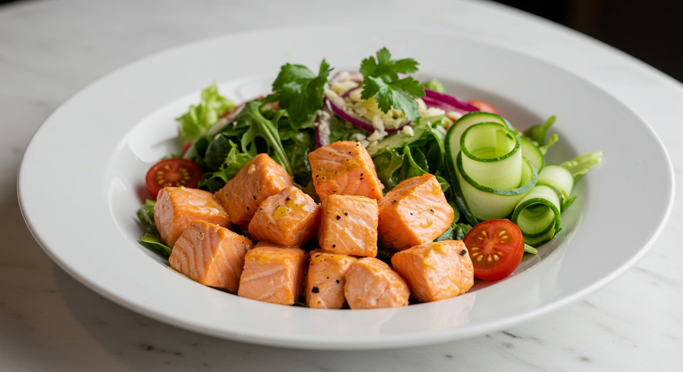 Salmon Chunk Salad with Tomatoes and Cucumbers